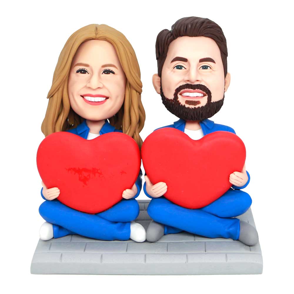 Cowboy Suit Couple Holding Heart-shaped Pillows Custom Figure Bobbleheads