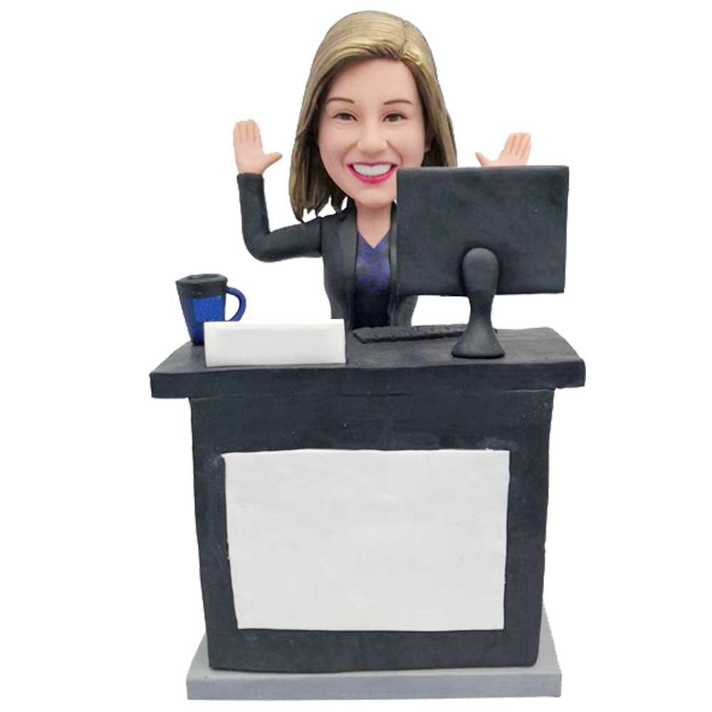Female Office Sitting At Office Desk And Raise Hands Custom Figure Bobblehead