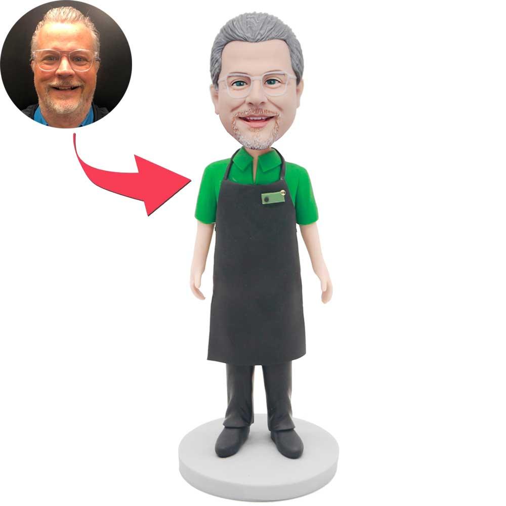 Male Clerk In Green T-shirt And Black Apron Custom Figure Bobbleheads