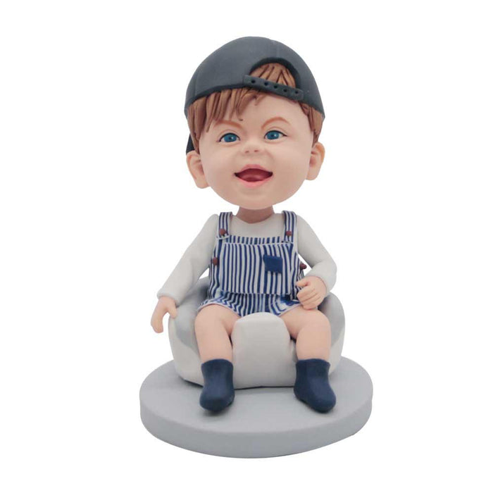 Cute Baby In Striped Overalls Custom Figure Bobbleheads