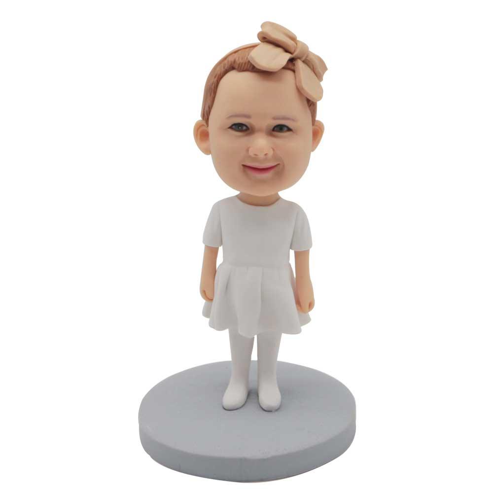 Cute Baby In White Dress And A Bow Custom Figure Bobblehead