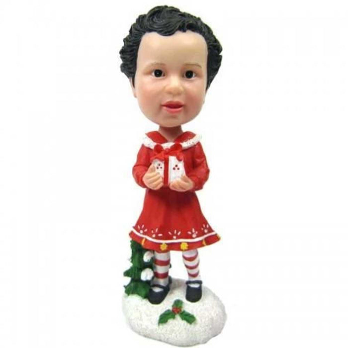 Cute Girl In Christmas Dress with Gift Custom Figure Bobblehead