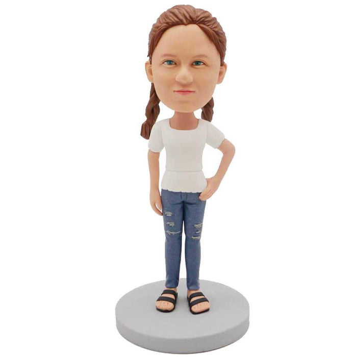Cute Girl Putting Two Ponytails Custom Figure Bobblehead