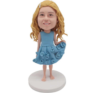 Cute Girl With Blue Rose Dress Custom Figure Bobblehead