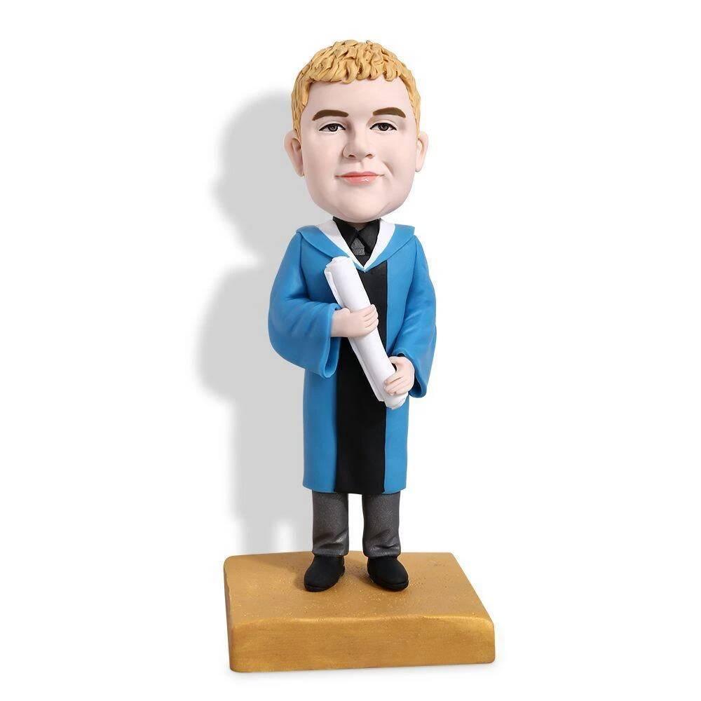 Cute Male Graduates In Blue Gown Custom Graduation Bobblehead Gift