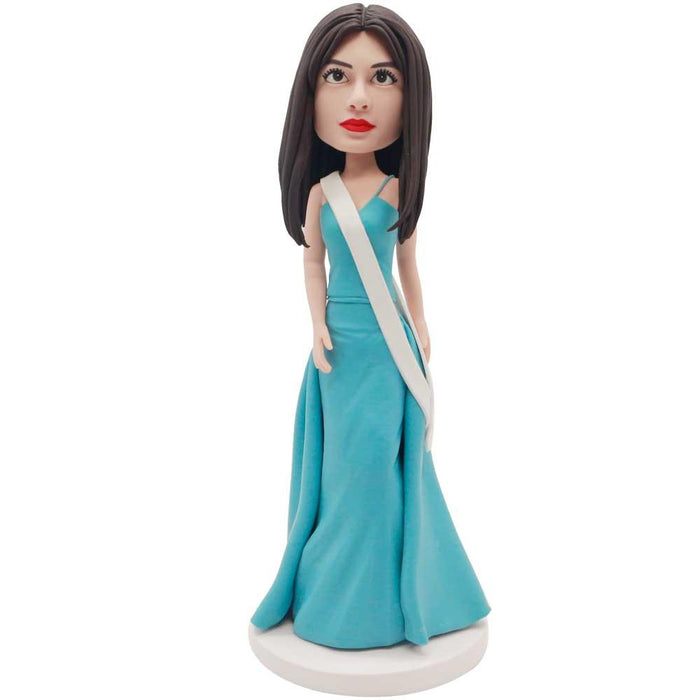 Elegant Female In Blue Evening Dress Custom Figure Bobblehead