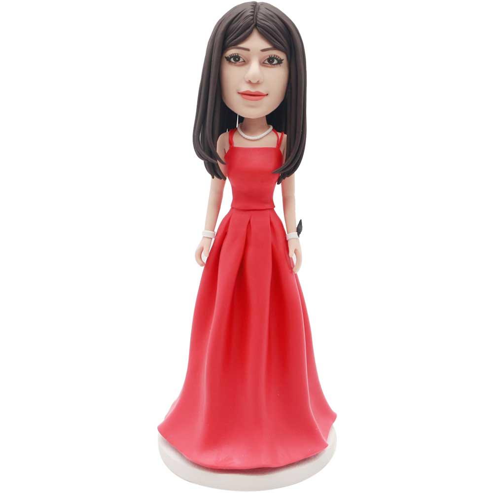 Elegant Lady in Red Evening Dress Custom Figure Bobblehead