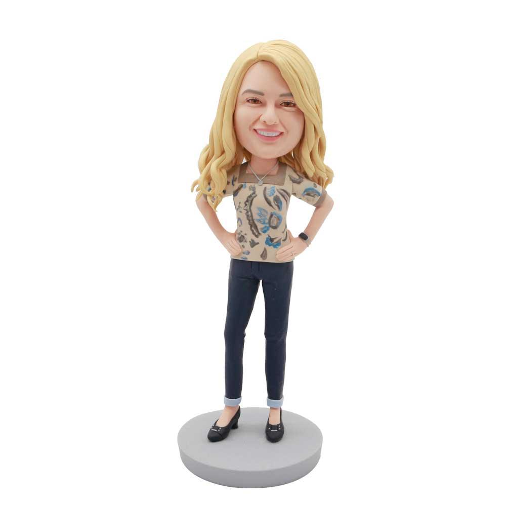 Fashion Female In T-shirt And Her Hands Rested On Her Hips Custom Figure Bobblehead