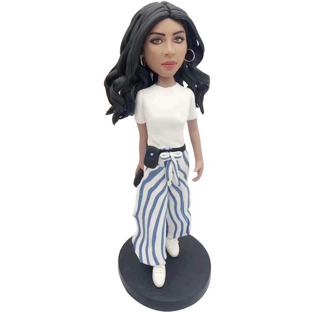 Fashion Female In White T-shirt And Striped Pants Custom Figure Bobblehead