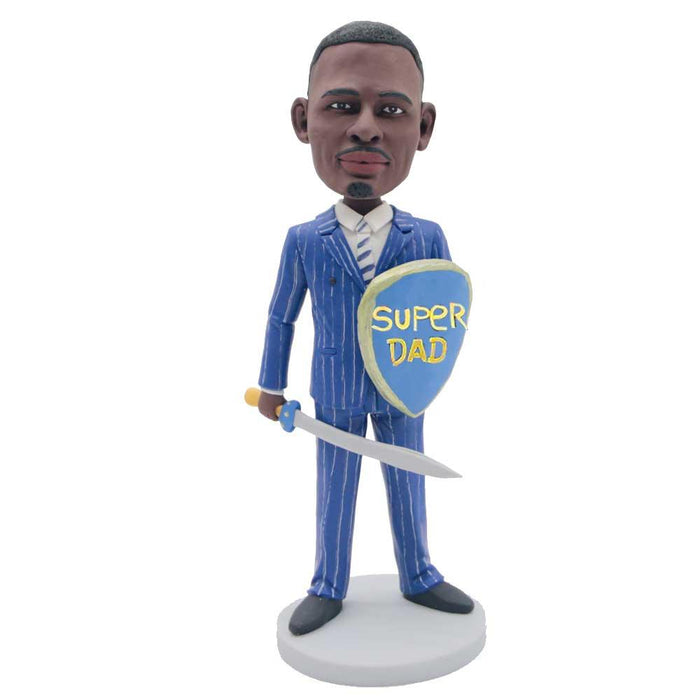 Father's Day Gifts Male Office Staff In Suit Holding Shield And Sword Custom Figure Bobbleheads