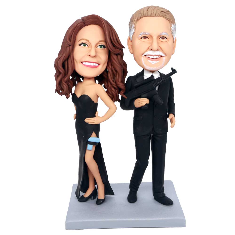 Fbi Agent Couple In Black Uniform And Holding A Gun Custom Figure Bobbleheads
