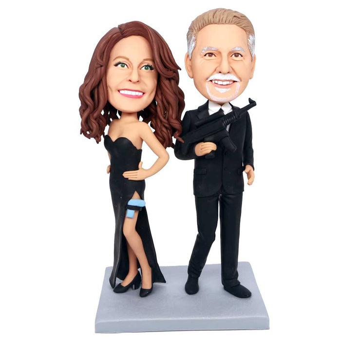 Valentine's Day Gifts Custom Fbi Agent Couple Bobbleheads In Black Uniform And Holding Guns