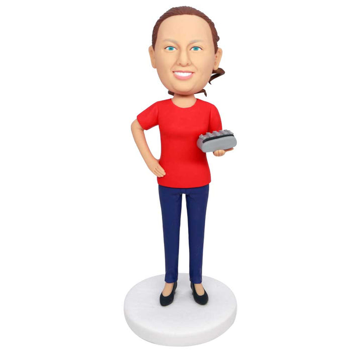 Female Accountant In Red T-shirt With A Calculator Custom Figure Bobbleheads