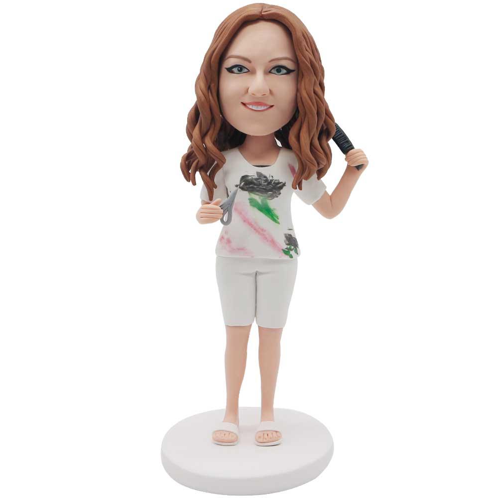 Female Barber Hair Dresser with Scissors and Comb Custom Bobblehead