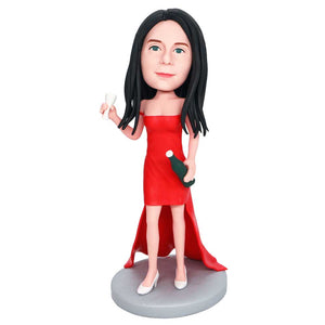 Female Bartender In Red Dress With Wine And Cups Custom Figure Bobbleheads