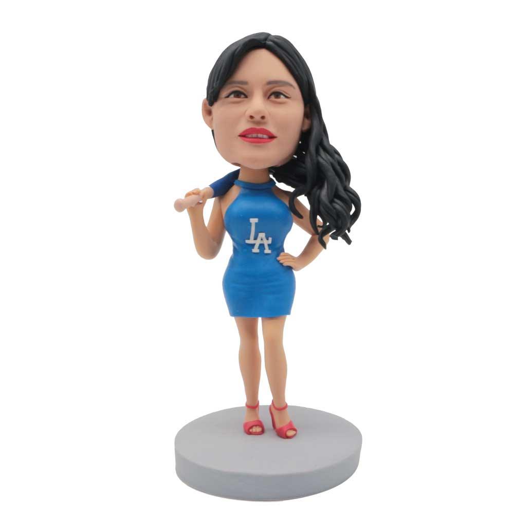 Female Baseball Player In Tight Blue Dress Holding A Baseball Bat Custom Figure Bobblehead