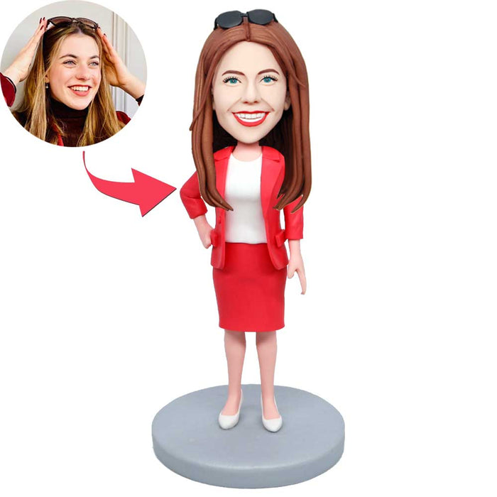 Custom Female Boss Bobblehead Gifts In Red Suit