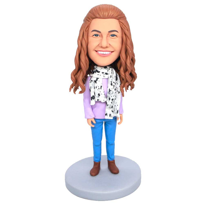 Female College Teacher In Casual Clothes With A Polka Dot Scarf Custom Figure Bobbleheads
