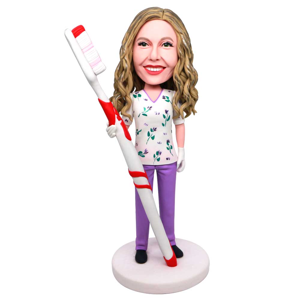 Female Dental Hygienist With Big Toothbrush Custom Figure Bobbleheads