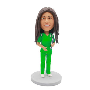 Female Doctor Physician In Green Surgical Gown Custom Figure Bobblehead
