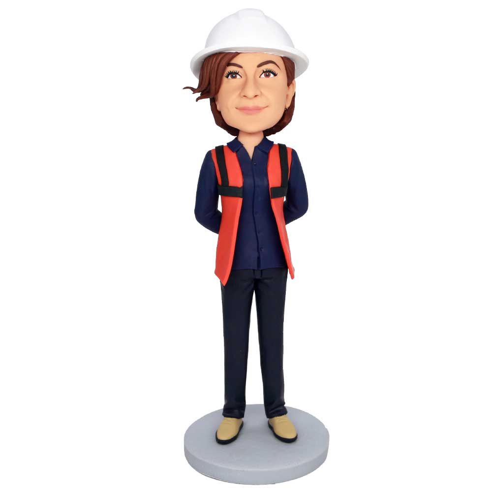 Female Engineer Architect In Overalls And Hard Hats Custom Bobbleheads