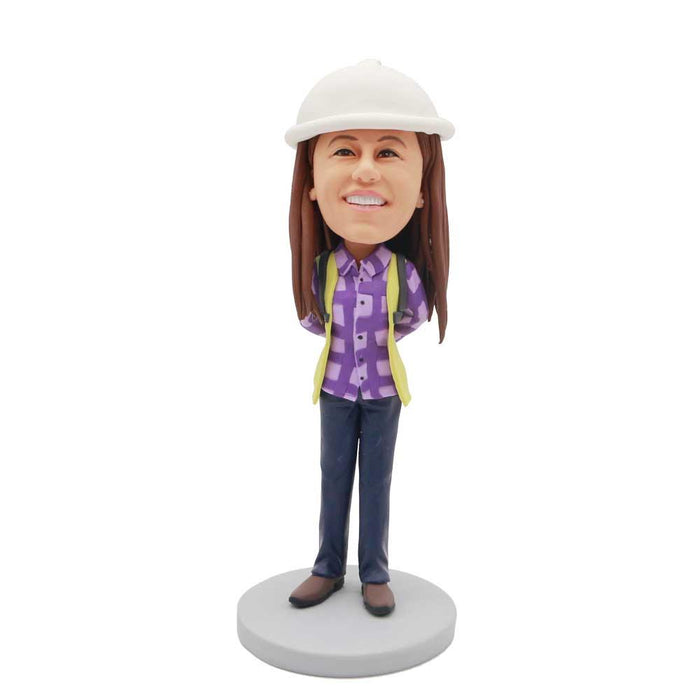 Female Engineer Architect In Purple Plaid Shirt Custom Figure Bobblehead