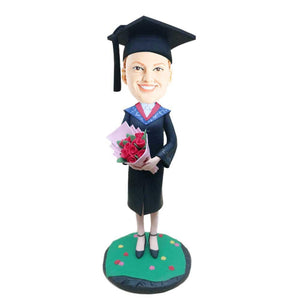 Female Graduate In Black Gown And Holding Flowers Custom Graduation Bobblehead