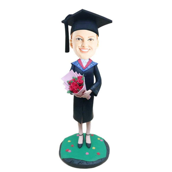 Personalized Female Graduate In Black Gown And Holding Flowers Custom Graduation Bobblehead Gift