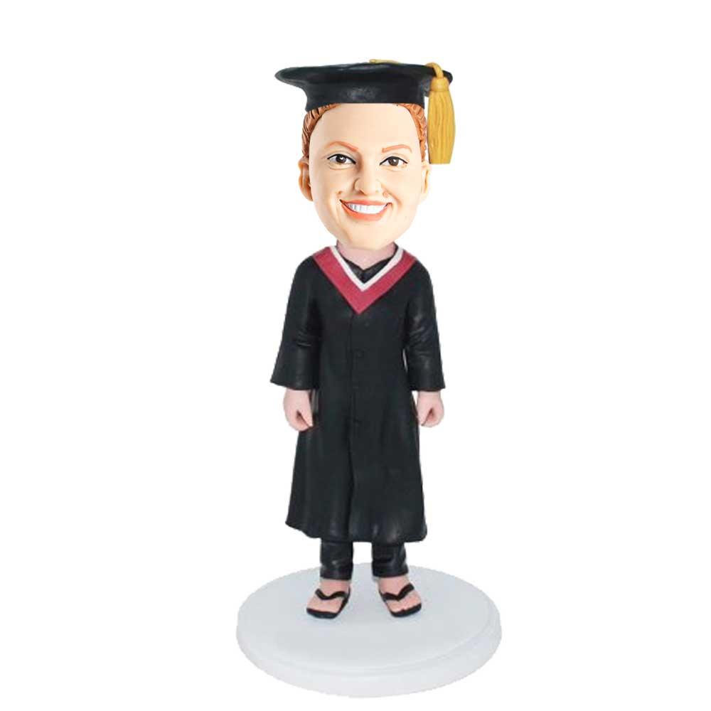 Classical Female Graduate In Black Gown  Custom Graduation Bobblehead Gift