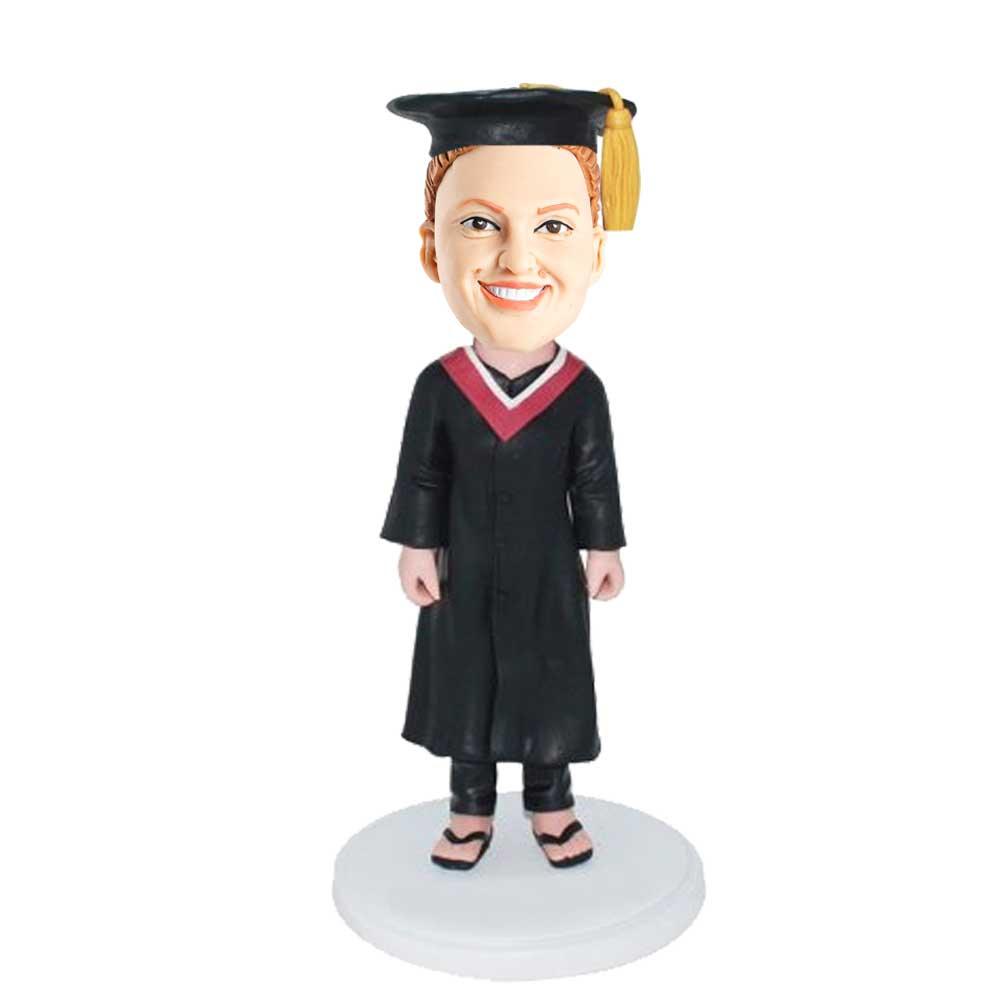 Classical Female Graduate In Black Gown  Custom Graduation Bobblehead Gift