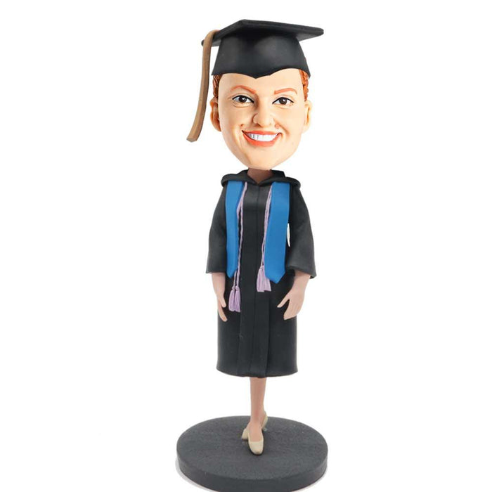 Personalized Female Graduate In Black Gown and Blue Ribbon Custom Graduation Bobblehead Gift