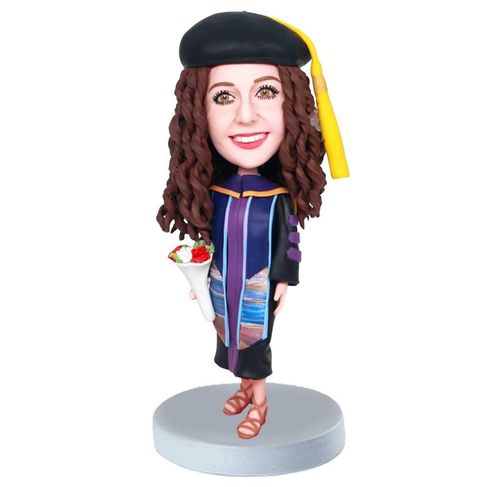 Female Graduates Holding A Bouquet Of Flowers Custom Graduation Bobbleheads