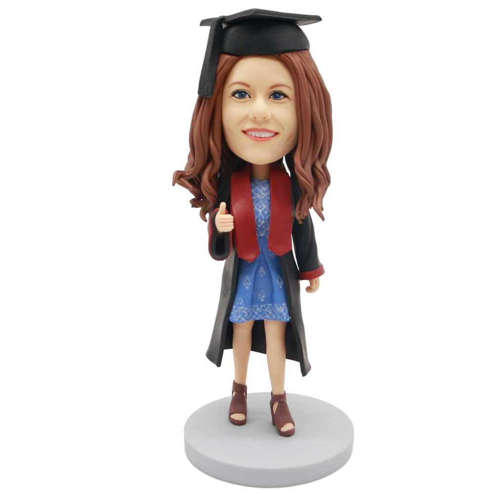 Female Graduates In Black Gown And Blue Dress Custom Graduation Bobblehead