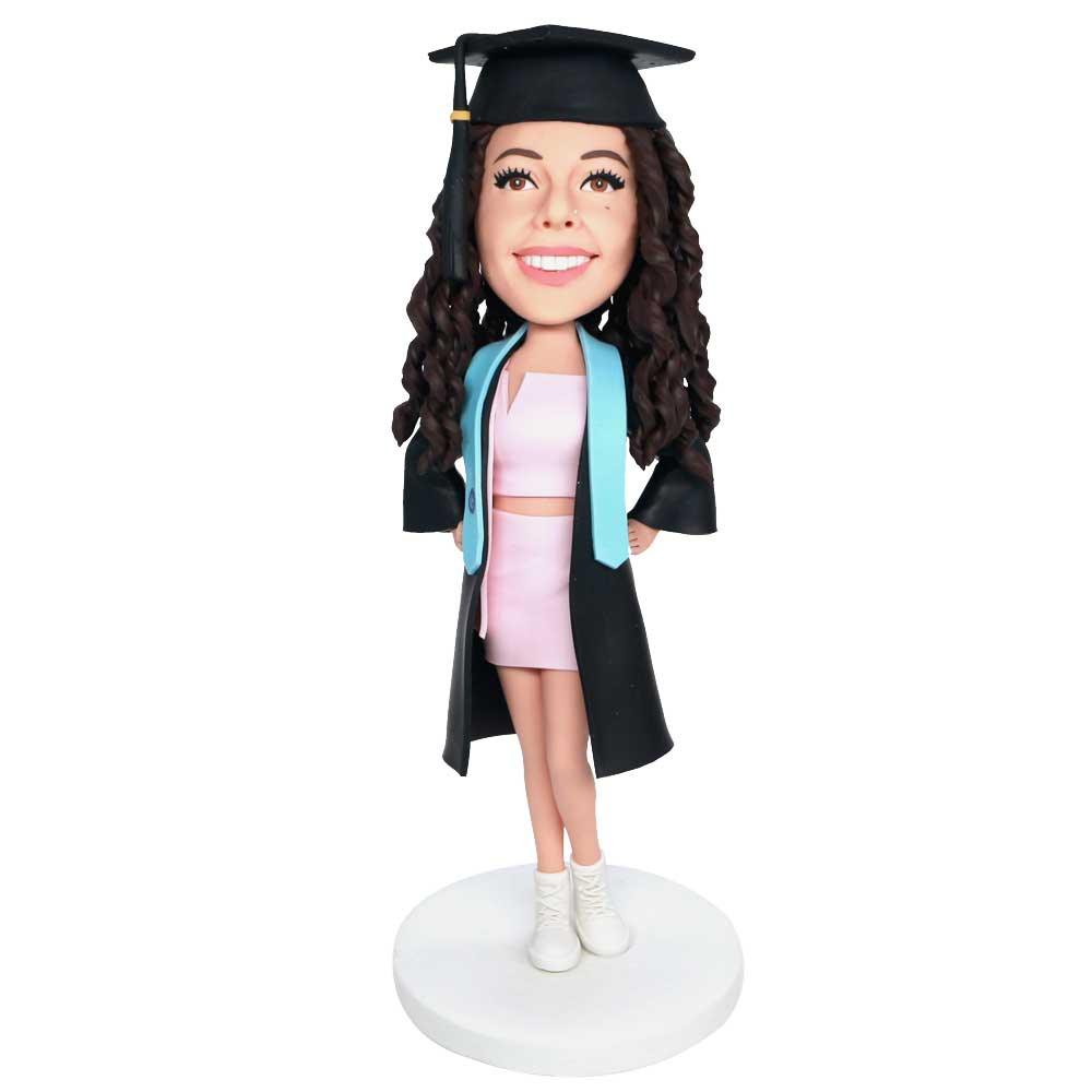 Female Graduates In Black Gown And Pink Skirt Custom Graduation Bobbleheads