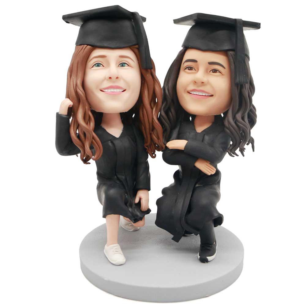 Female Graduates In Black Gown And Squat To Take Pictures Custom Graduation Bobblehead