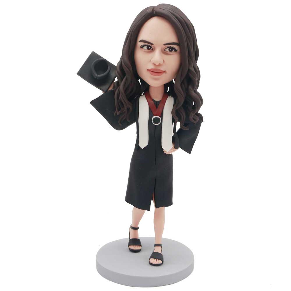 Female Graduates In Black Gown With A Mortarboard Custom Graduation Bobblehead