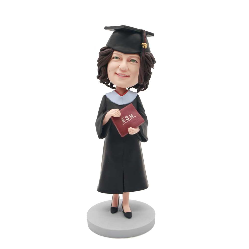 Female Graduates In Black Gown With Diploma Custom Graduation Bobblehead