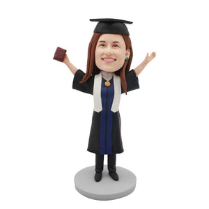 Female Graduates In Black Gown With White Ribbon Custom Graduation Bobblehead