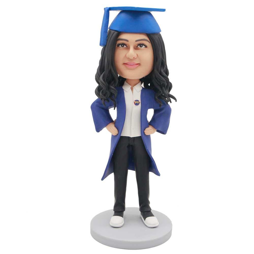 Female Graduates In Dark Blue Gown And Her Hands Rested On Her Hips Custom Graduation Bobblehead
