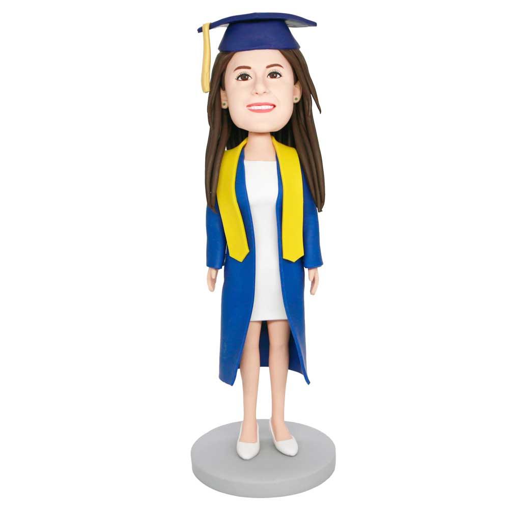 Female Graduates In Dark Blue Gown And Yellow Ribbon Custom Graduation Bobbleheads