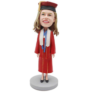 Female Graduates In Red Gown And White Streamers Custom Graduation Bobblehead