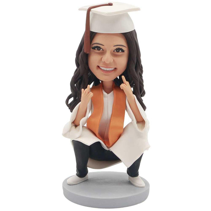 Female Graduates In White Gown And Squat On The Ground Custom Graduation Bobblehead