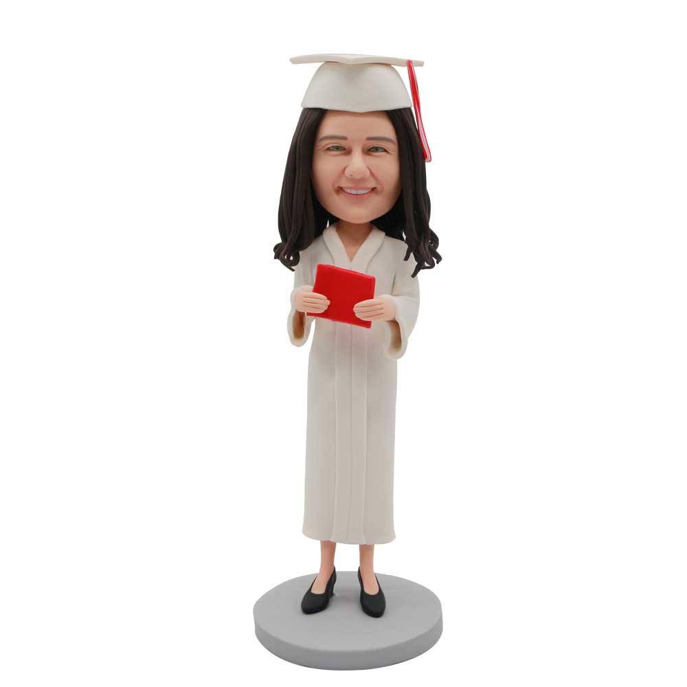 Female Graduates In White Gown With Diploma Custom Graduation Bobblehead 