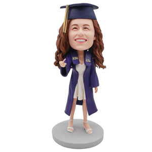 Female Graduates In White Skirt And Purple Gown Custom Graduation Bobblehead
