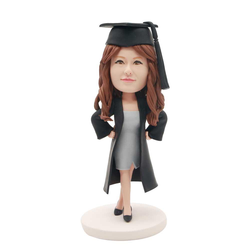Female Graduation In Black Gown With Arms Akimbo Custom Figure Bobblehead