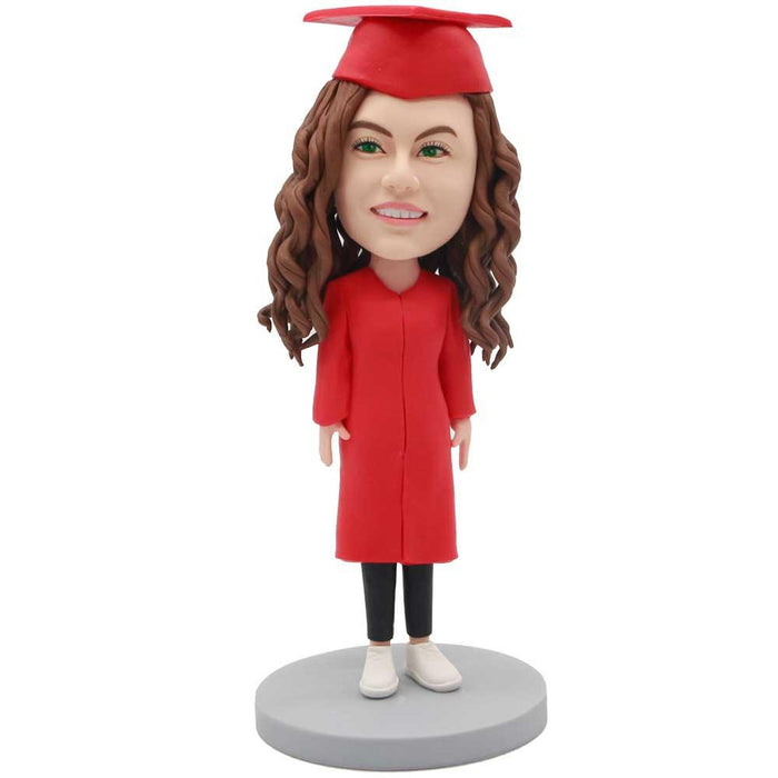 Female Graduation In Red Gown And Black Pants Custom Figure Bobbleheads