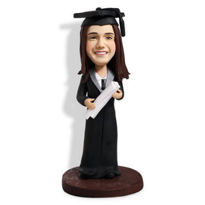 Female Graduates In Black Gown And Holding A Certificate Custom Graduation Bobblehead