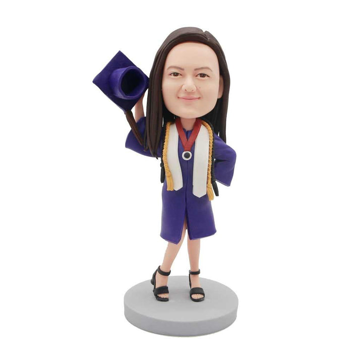Female Gratuates In Purple Gown With A Mortarboard Custom Graduation Bobblehead