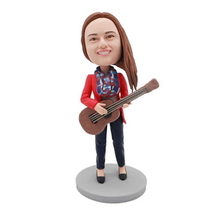 Female Guitarist In Red Coat Custom Figure Bobblehead