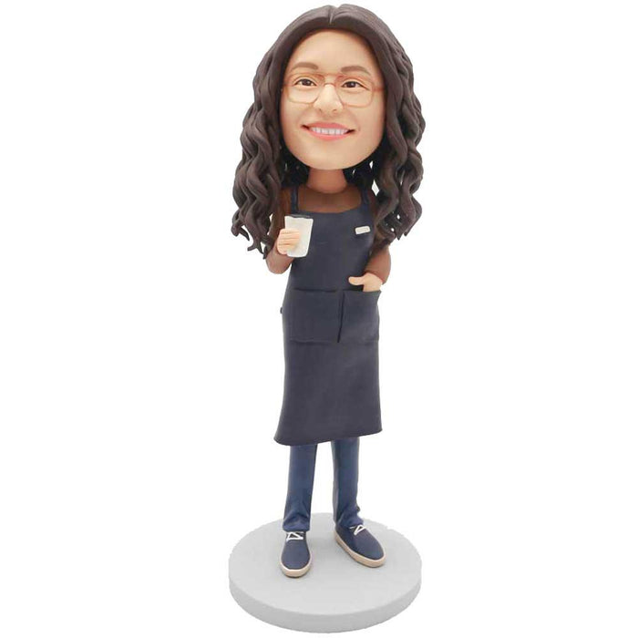 Female In Black Apron And Holding A Glass Of Water Custom Figure Bobblehead
